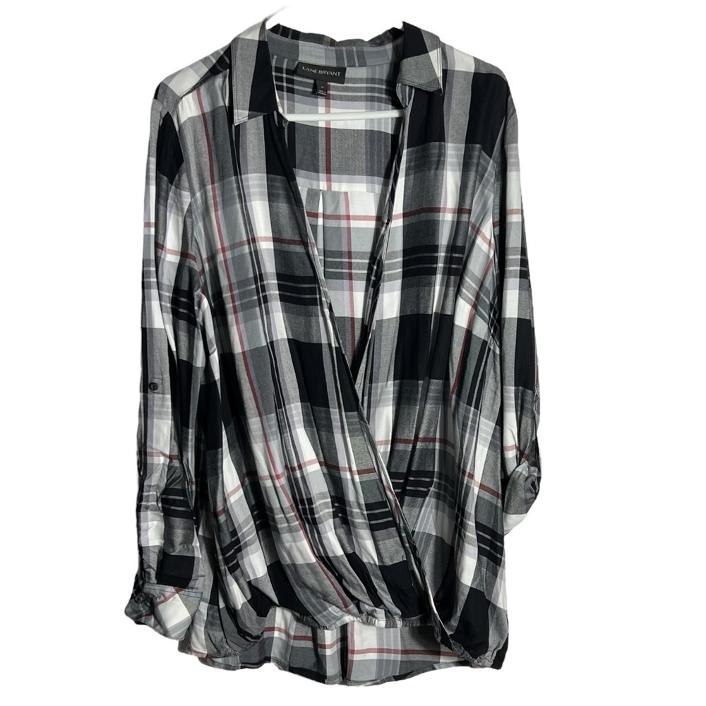 Lane Bryant Black and White Plaid Surplice Wrap Top, Size 14